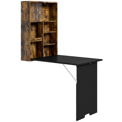 HOMCOM Folding Wall-Mounted Drop-Leaf Table, Convertible Wall Table With Chalkboard and Storage Shelf, Rustic Brown