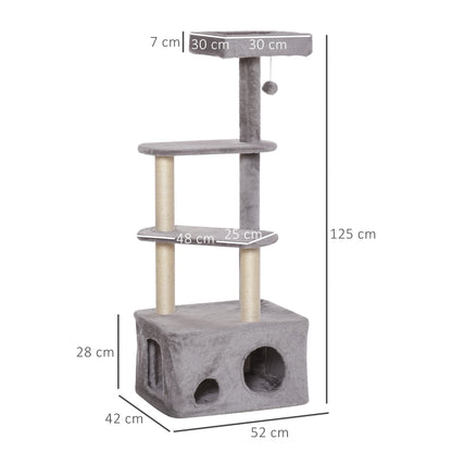 PawHut 125cm Cat Tree for Indoor Cats Kitten Tower 4 level Activity Center Pet Furniture Sisal Scratching Post Condo Plush Perches Hanging Ball Grey