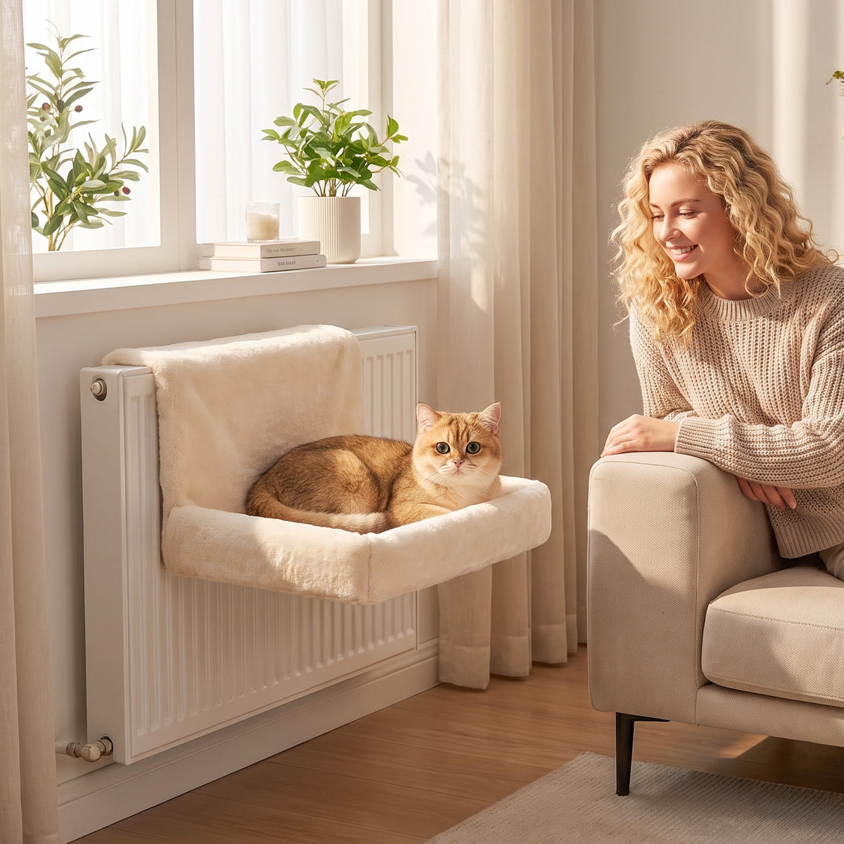 PawHut Cat Radiator Bed, Hanging Warm Hammock w/ Foldable Metal Frame, Removable Washable Cover, Cream