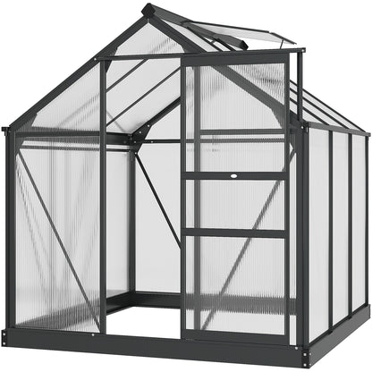 Outsunny 6 x 6ft Polycarbonate Greenhouse, Large Walk-In Green House with Slide Door and Window, Garden Plants Grow House with Aluminium Frame and Foundation, Grey