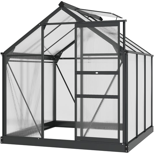 Outsunny 6 x 6ft Polycarbonate Greenhouse, Large Walk-In Green House with Slide Door and Window, Garden Plants Grow House with Aluminium Frame and Foundation, Grey