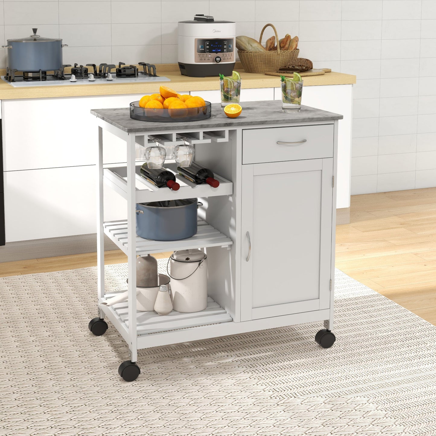HOMCOM Compact Kitchen Trolley Utility Cart on Wheels with Wine Rack, Drawer, Open Shelf and Storage Cabinet for Dining Room, White
