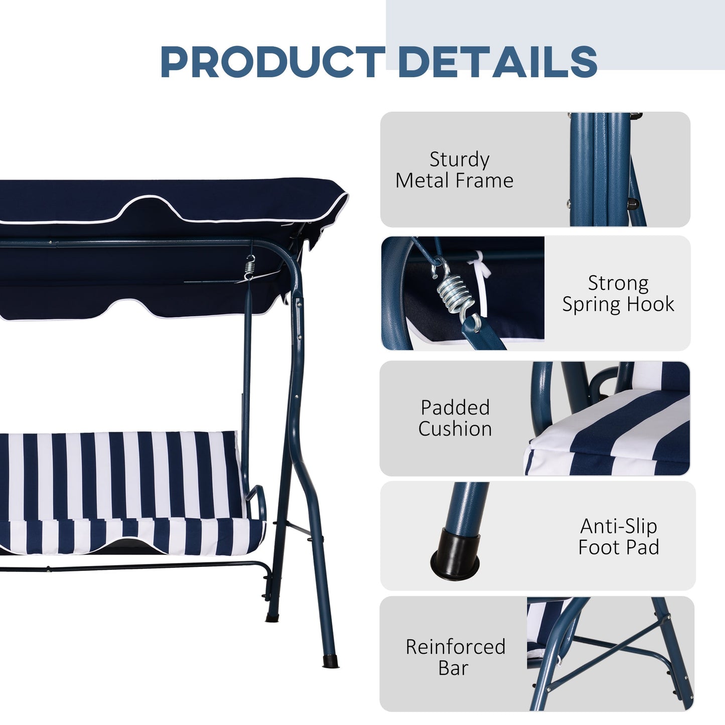 Outsunny 3 Seater Garden Swing Chair， Outdoor Garden Bench with Adjustable Sun Cover and Metal Frame - Blue Stripes