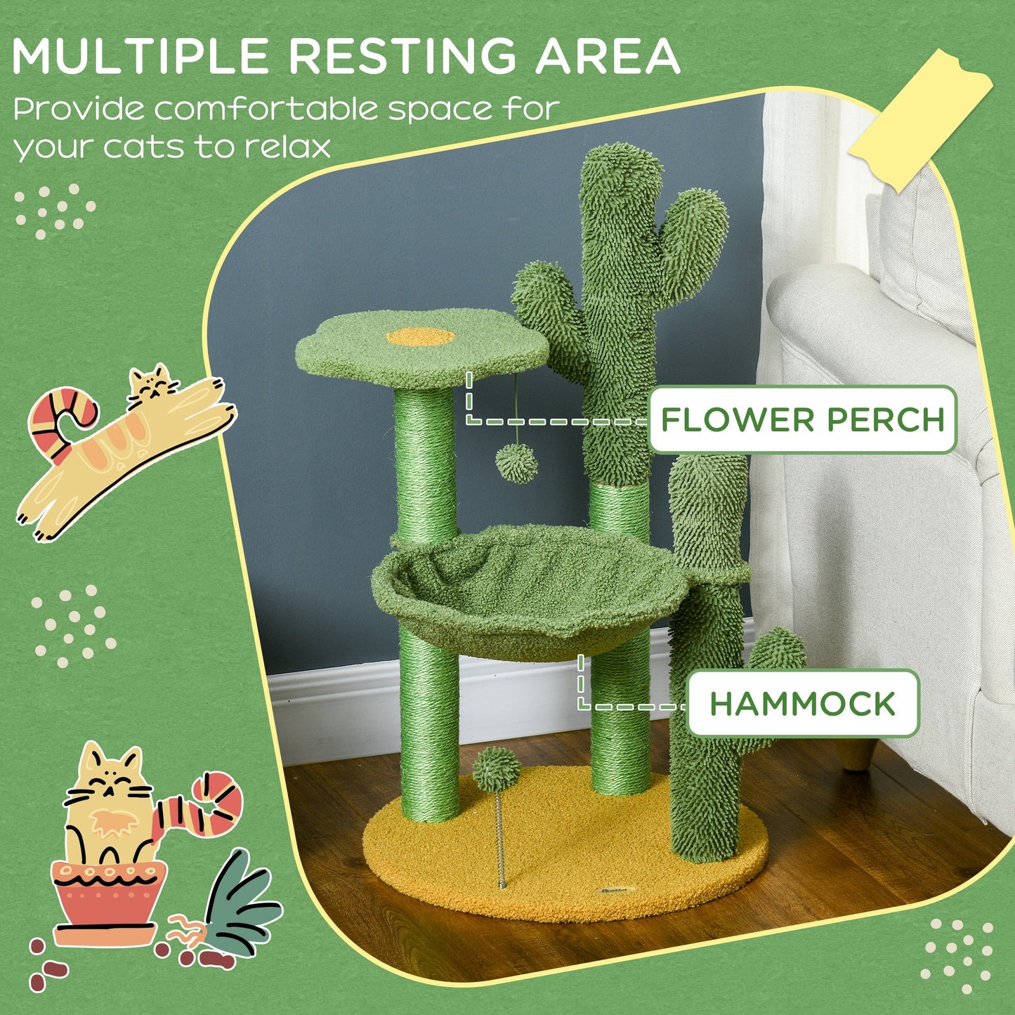 PawHut 82cm Chenille Cactus Cat Tree with Scratching Post, Hammock, Green