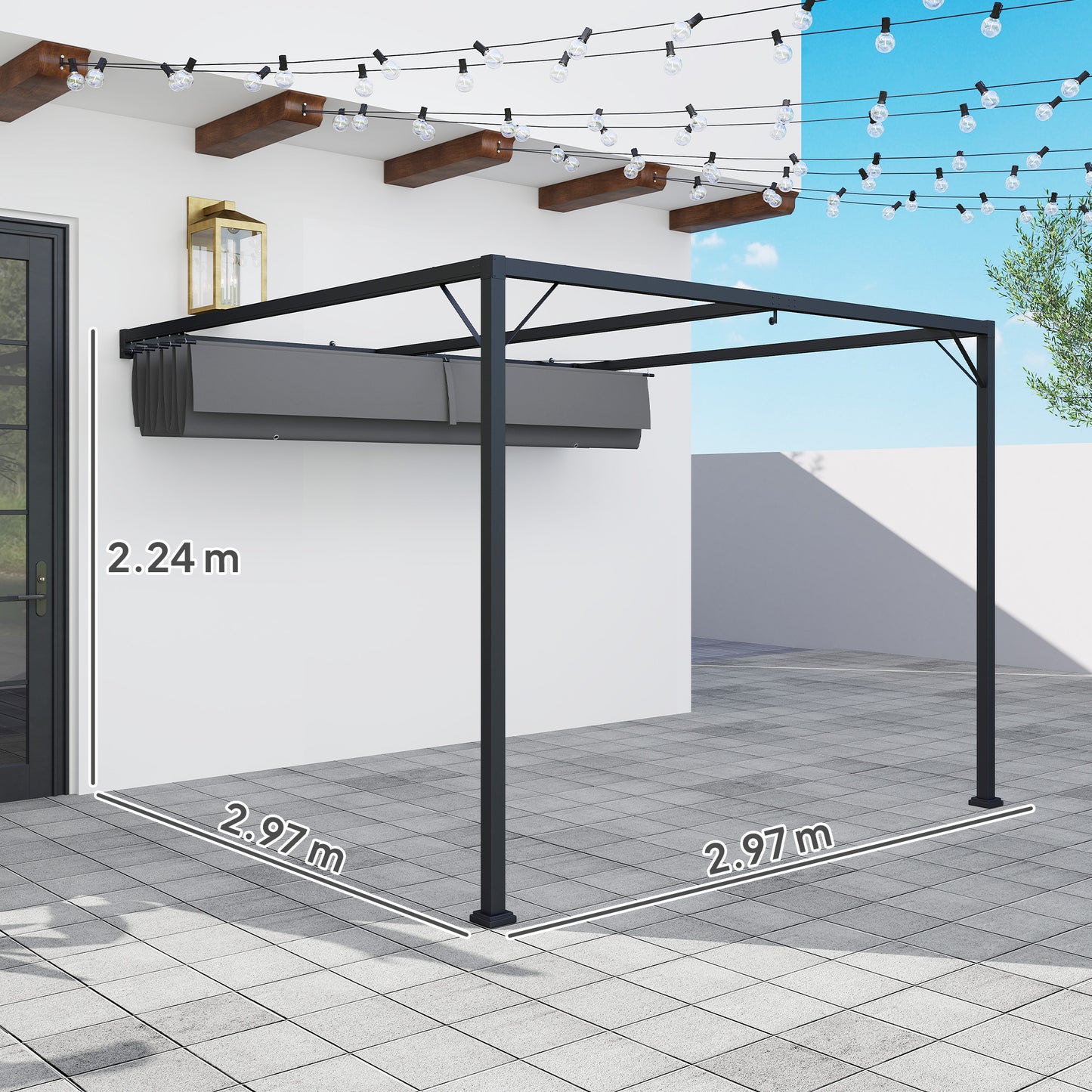 Outsunny 3 x 3(m) Pergola zewnętrzna z chowanym daszkiem - szara