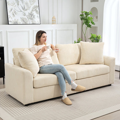 HOMCOM Nowoczesna 3-osobowa sofa z poduszką sprężynową, 212 cm, materiałowa, Jumbo Cord Sofa Couch z 2 poduszkami dekoracyjnymi, tapicerowana sofa z kordu do salonu, sypialni, domowego biura, kremowo-biała