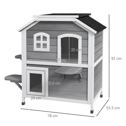 PawHut 2-story Cat House Outdoor, Weatherproof Wooden Cat Enclosure for Feral Cats with Escape Door, Openable Roof, Jumping Platforms, Grey