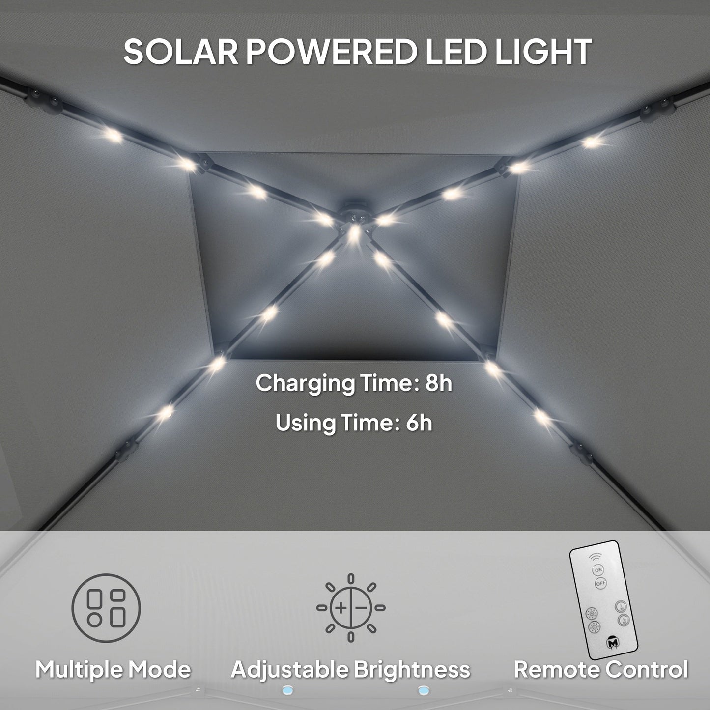 Outsunny 3.36 x 3.36m Pop Up Gazebo Party Tent with Solar-Powered LED Lights, Adjustable Event Shelter with Netting, Black