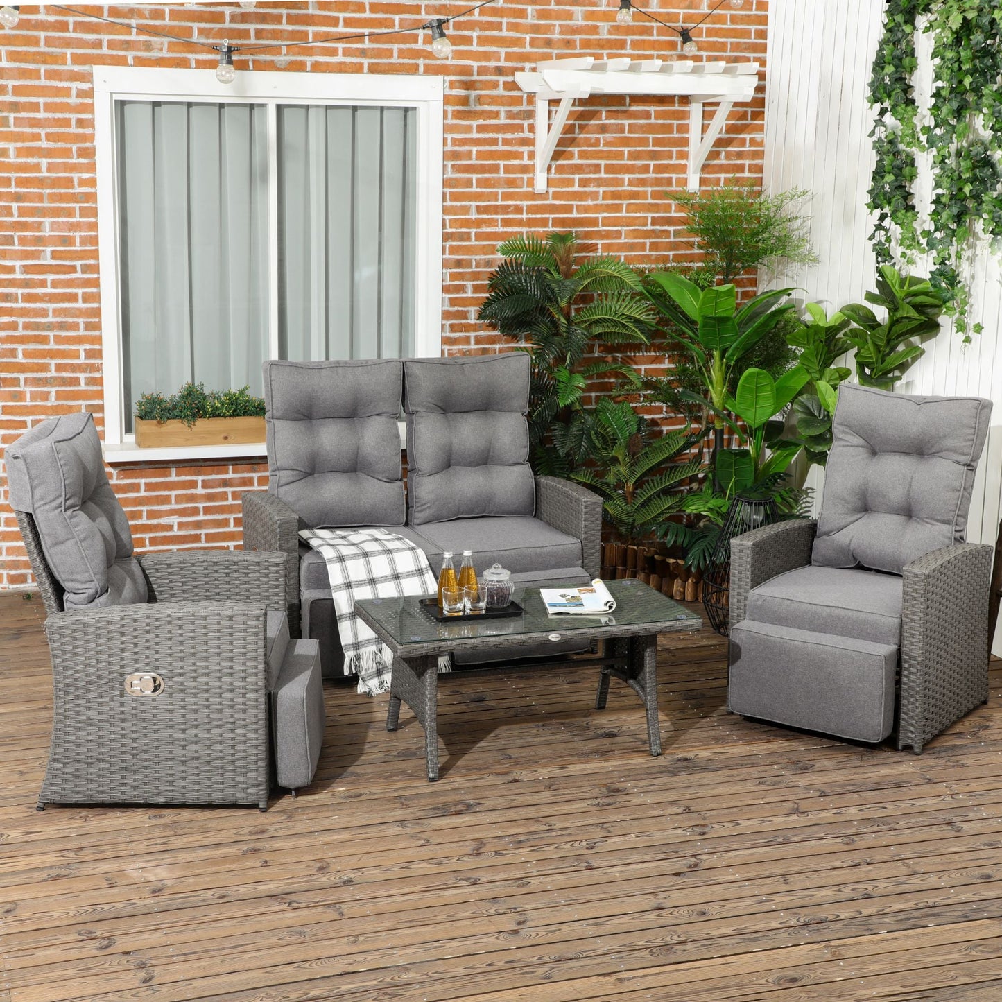 Outsunny 4 Piece Rattan Garden Furniture Sets, 4 Seater Outdoor Sofa Sectional with Wicker Sofa, Reclining Armchair and Glass Table for Yard, Poolside, Grey