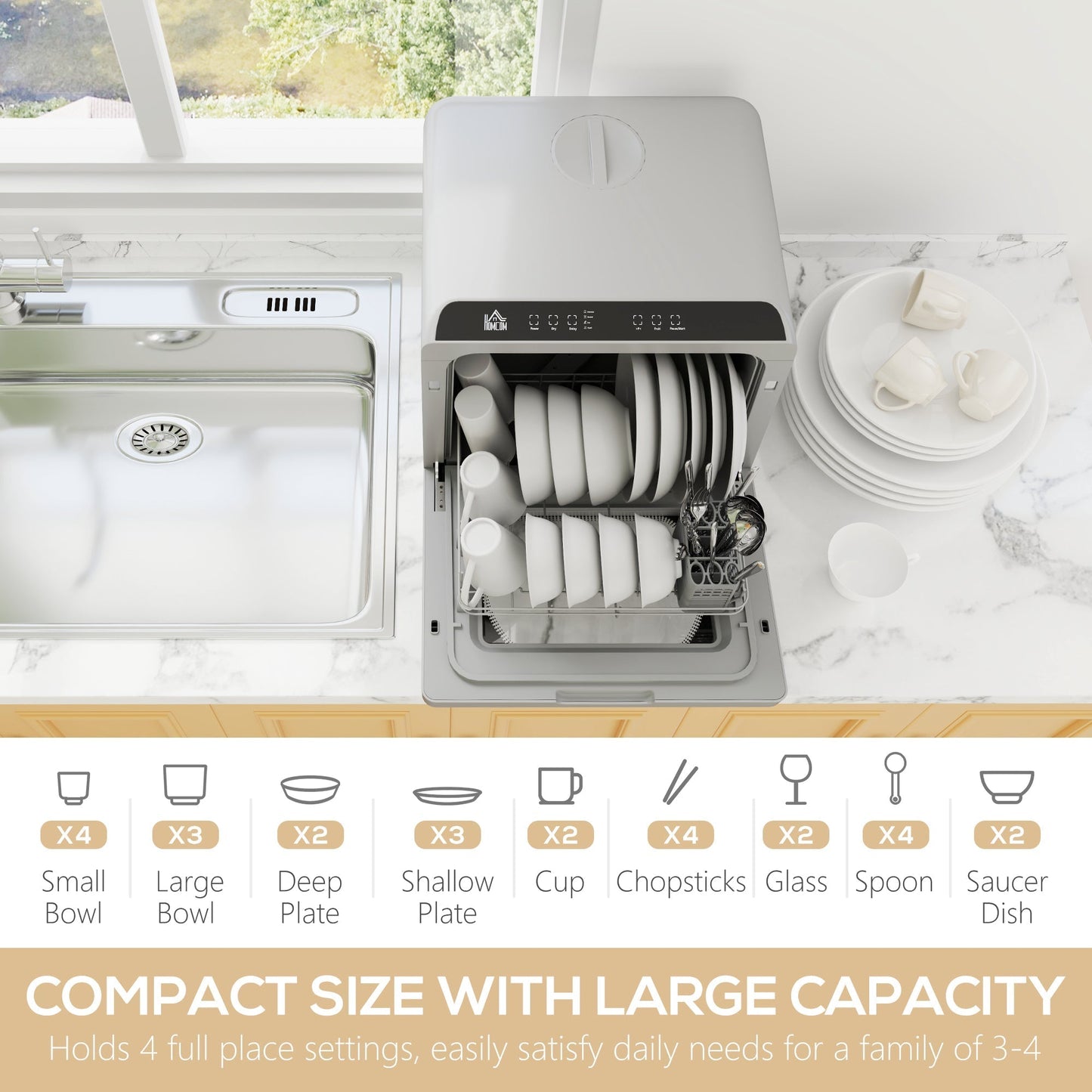 HOMCOM Table Top Dishwasher with Built-in 6L Water Tank, Mini Countertop Dishwasher with 6 Programs, 4 Place Settings, Silver Tone