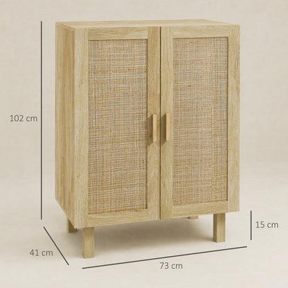 HOMCOM Sideboard Storage Cabinet, Boho Kitchen Cabinet with 2 Rattan Doors and Adjustable Shelves for Kitchen, Natural