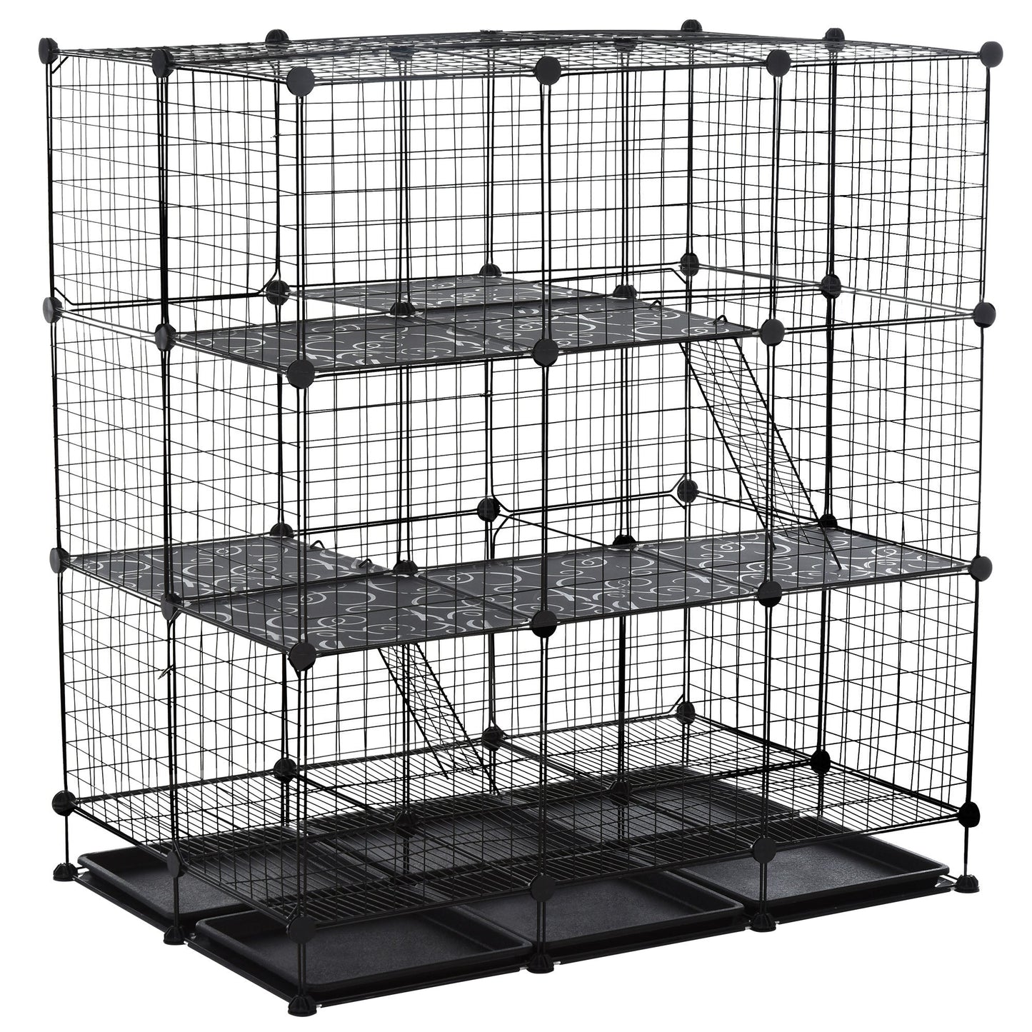 Pawhut 3 Level DIY Pet Playpen Metal Small Animal Cage Guinea Pig Rabbit Ferret Chinchillas Cage 4 Doors Bottom Trays Black