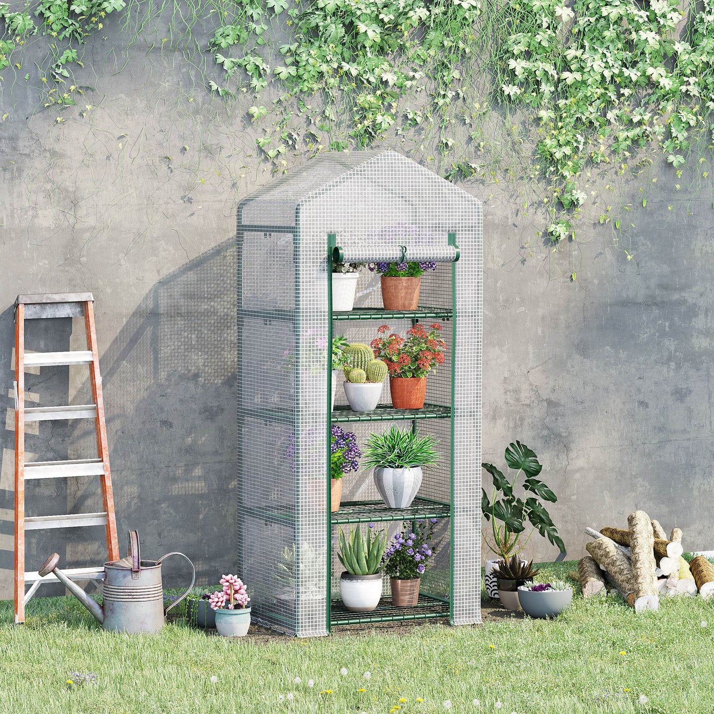 Outsunny 4 Tier Mini Szklarnia, przenośna kompaktowa szklarnia ze stalową ramą, osłona PE, drzwi rolowane, 70 x 50 x 160 cm, biała