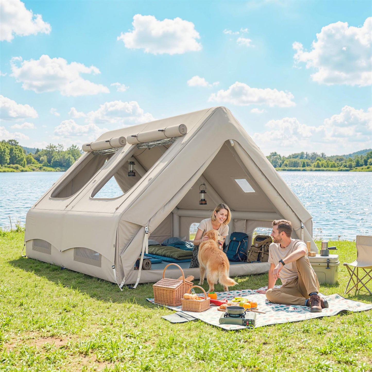 Outsunny Inflatable Camping Tent, 4 Season Hot Tent 10000mm Waterproof with Chimney Opening, Sky Light and Air Pump, Khaki