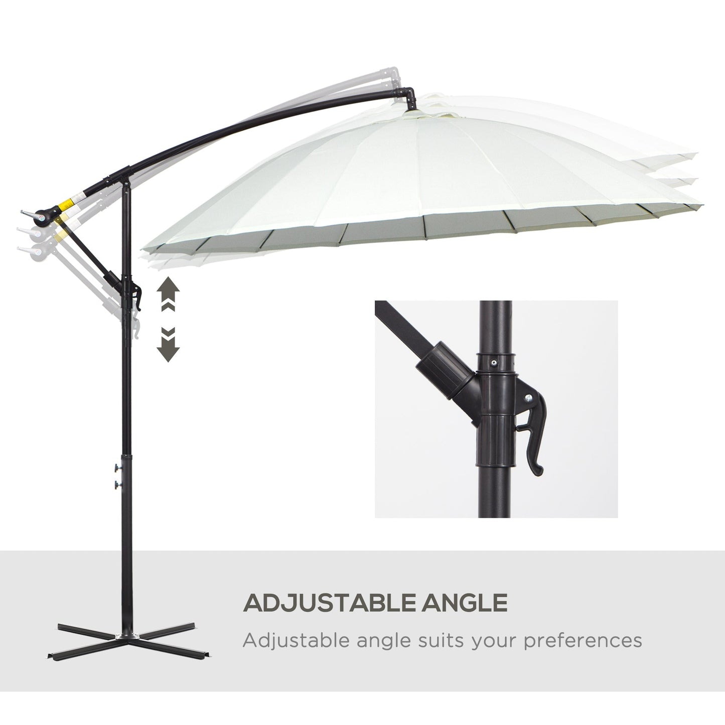 Outsunny 3(m) Cantilever Shanghai Parasol Garden Hanging Banana Sun Umbrella with Crank Handle, 18 Sturdy Ribs and Cross Base, Off-White