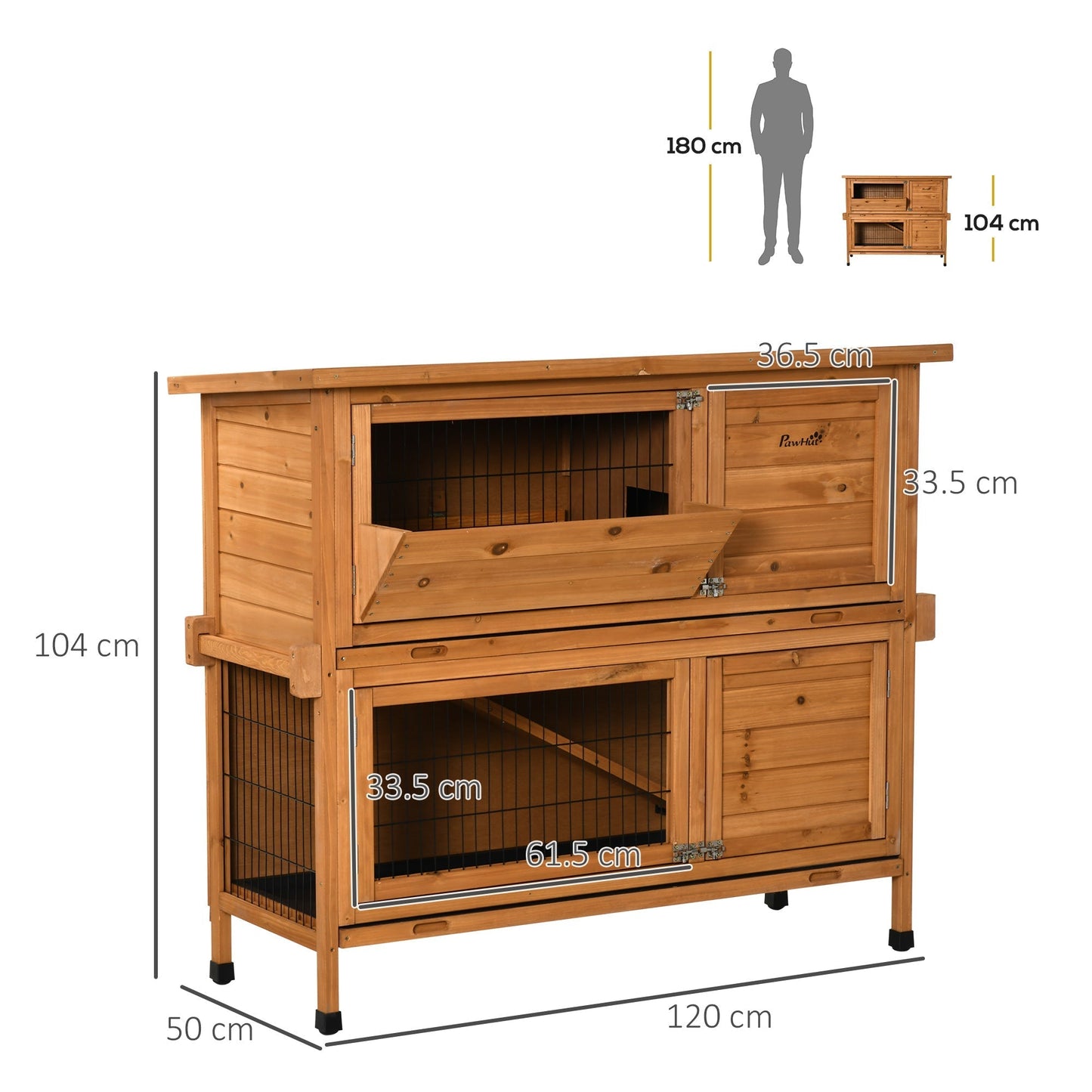 PawHut 2-Tier Double Decker Rabbit Hutch خشبي غينيا خنزير البيت قفص الحيوانات الأليفة في الهواء الطلق مع صينية منزلقة، سقف الأسفلت، منحدر، 120x50x104 سم، برتقالي