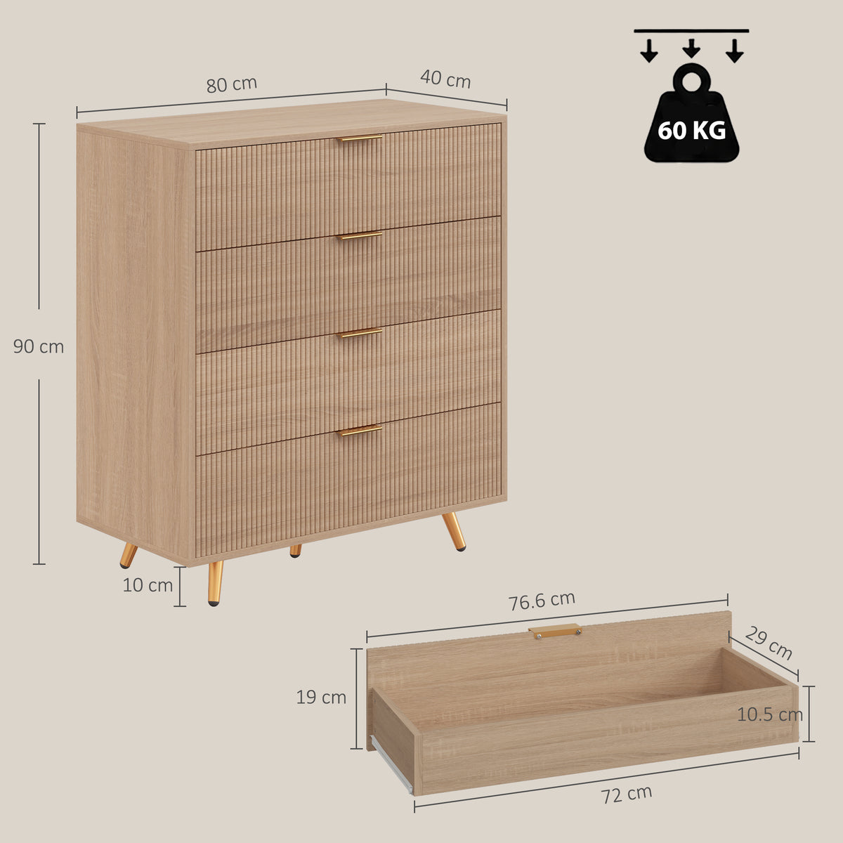 HOMCOM Bedroom Chest of Drawers with 4 Drawers, Fluted Dresser with Gold Tone Handles, Storage Cabinet, Natural