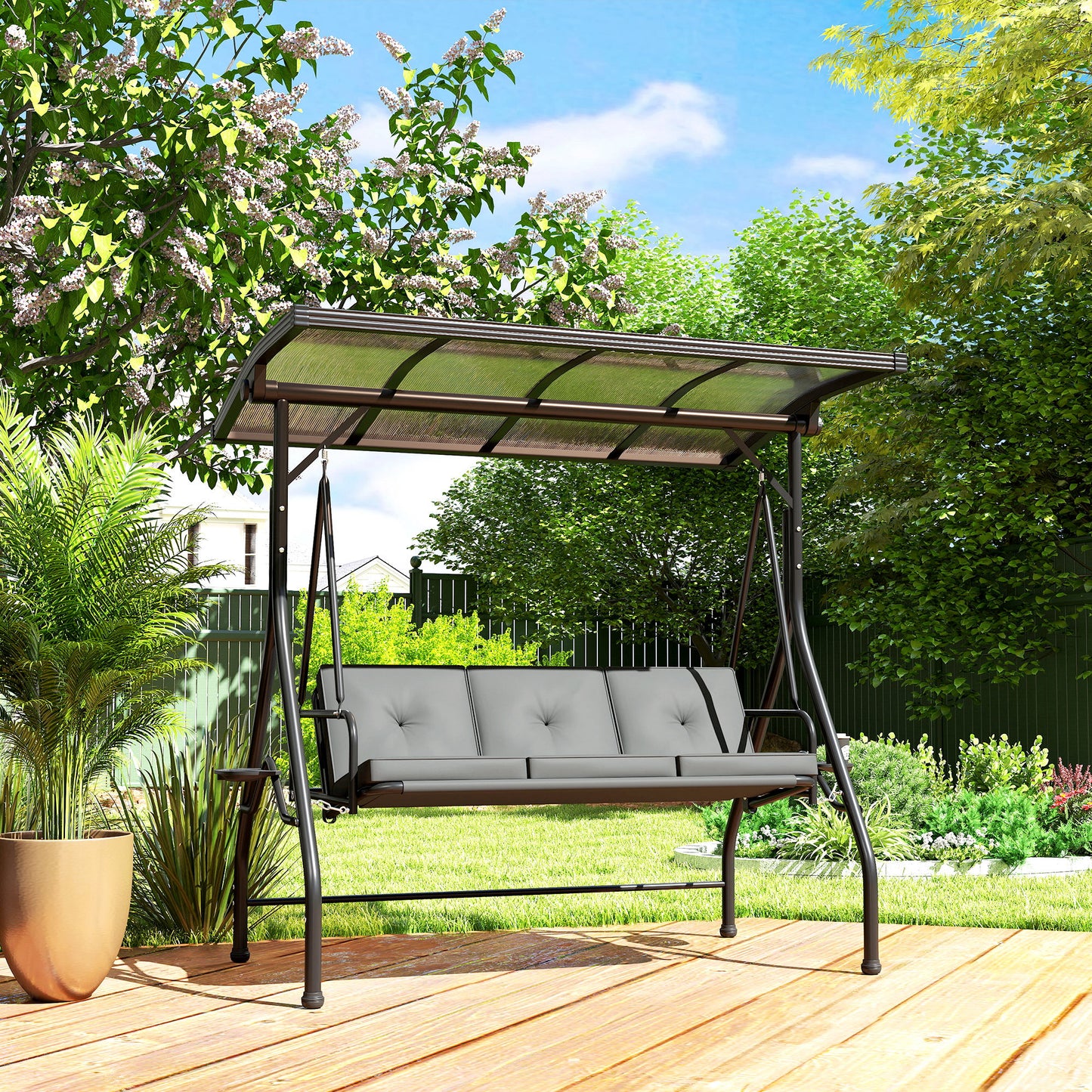 Outsunny Convertible Three-Seater Swing Bench Bed - Ciemnoszary
