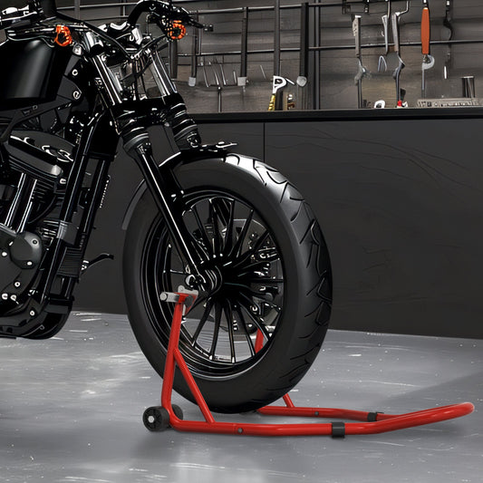 Stojak motocyklowy HOMCOM Front Motorcycle Paddock Stand z matą antypoślizgową, adaptery w kształcie litery U i L, nośność 200 kg, do opon 18", 17" i 10", czerwony