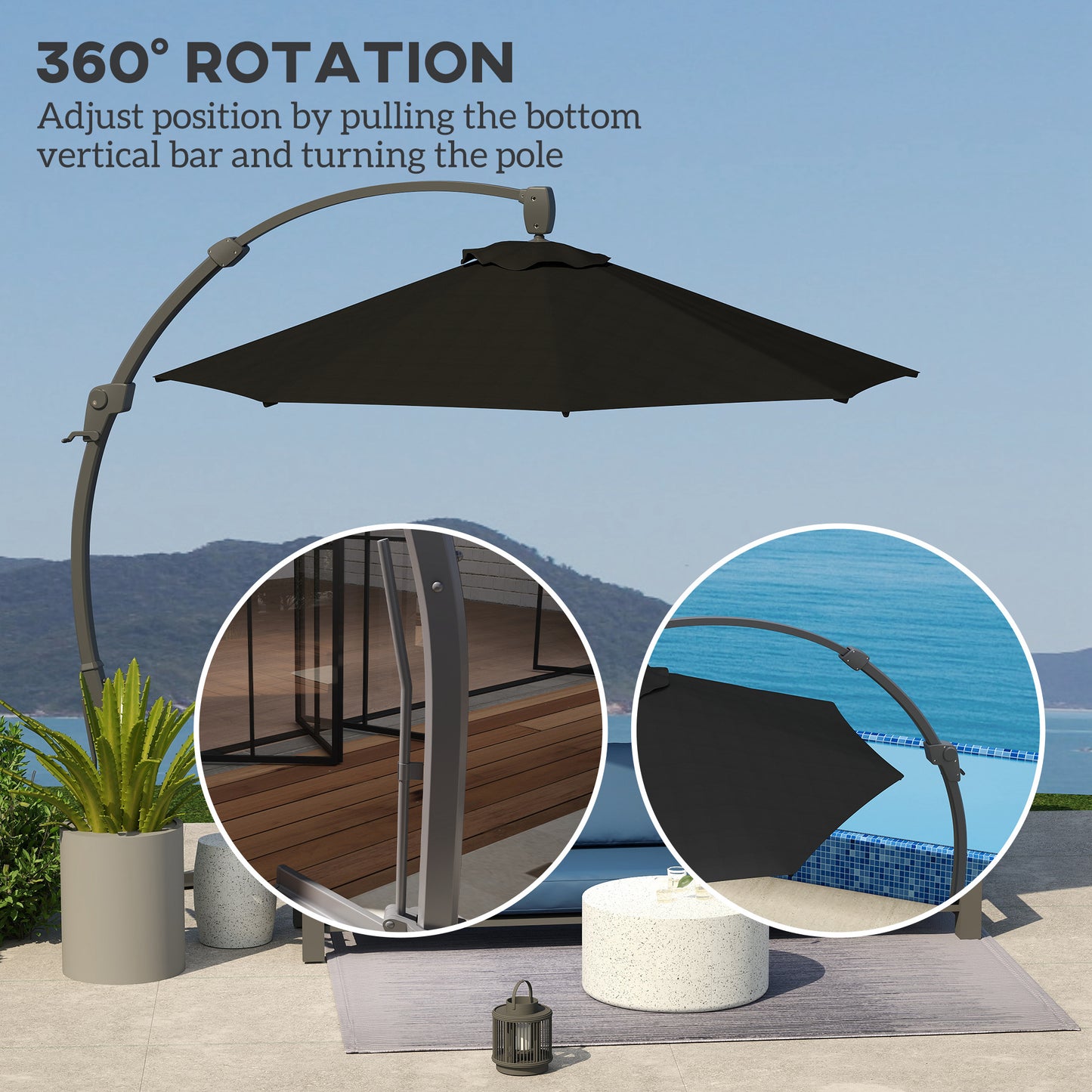 Outsunny 3(m) Parasol ogrodowy z wysięgnikiem, okrągły parasol z korbką, podstawą krzyżową, aluminiową ramą i obrotem 360√Ç¬∞, parasol tarasowy typu banan do ochrony przed słońcem na zewnątrz, czarny