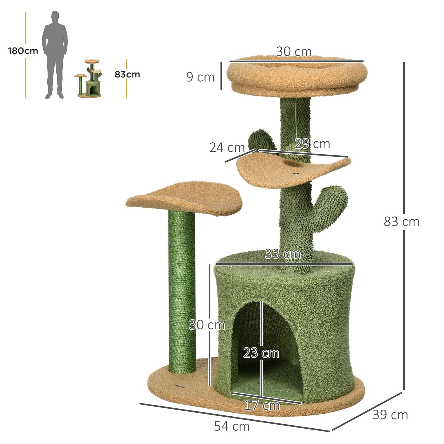 PawHut Multi Level Cat Tree, with Scratching Post, Toy Ball, Cat House, Bed - Green