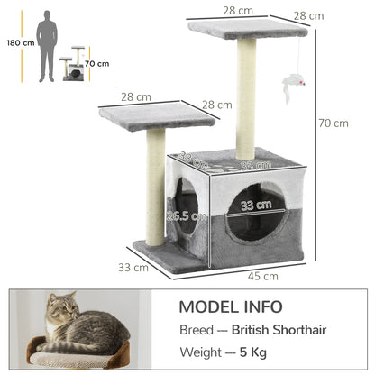 PawHut Cat Tree With Sisal Scratching Posts, House, Perches, Toy Mouse, Grey