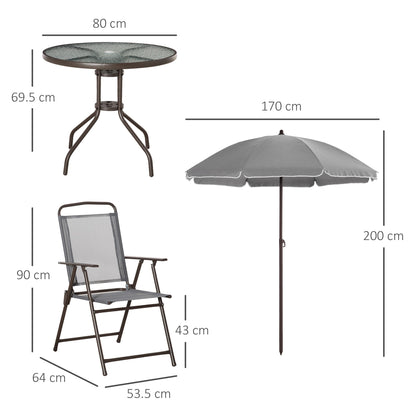 Outsunny 6 Piece Garden Dining Set with Umbrella, Outdoor Dining Sets with Parasol, 4 Folding Dining Chairs & Round Tempered Glass Table, Grey