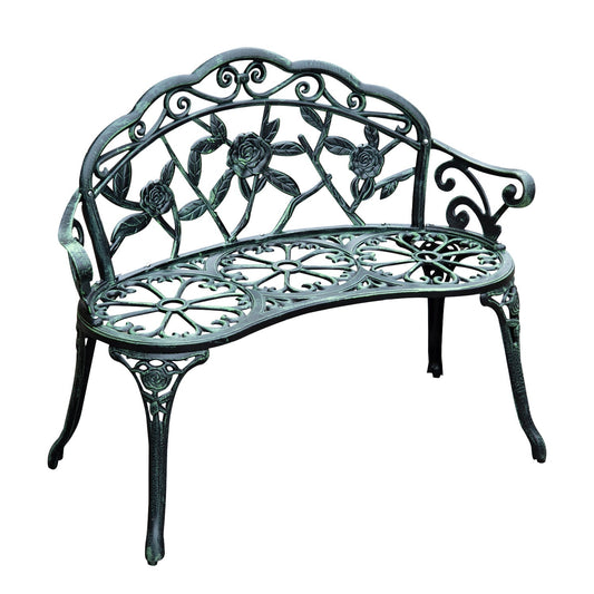 Outsunny Cast Aluminium Outdoor Garden Patio Antique Rose Style Bench Porch Park Chair Seat - أخضر