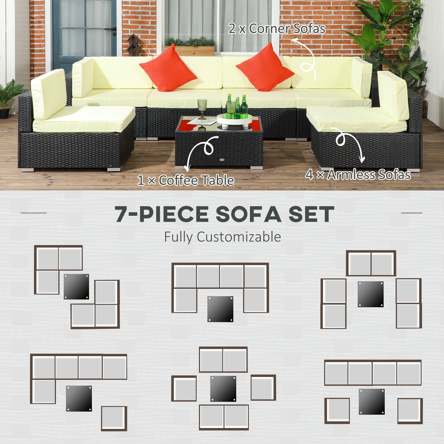 Outsunny 7 Pieces PE Rattan Patio Garden Furniture Corner Sofa Set With Thick Padded Cushion, Glass Coffee Table And Pillows - Black