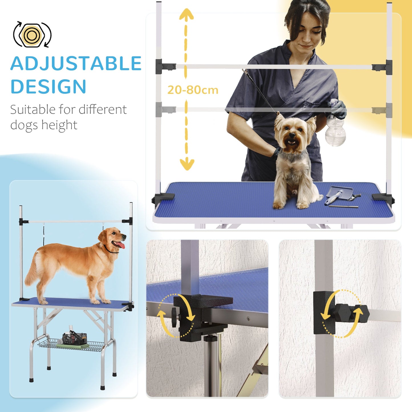 PawHut 42" Dog Grooming Table, Adjustable Pet Cat Drying Beauty Table with 2 Loops Storage Basket, Rubber Top, Blue