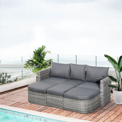 Outsunny 3 Piece Rattan Garden Furniture Set with Cushions, Patio Wicker Conversation Double Chaise Lounge Furniture Set with Convertible Middle Table, Mixed Grey