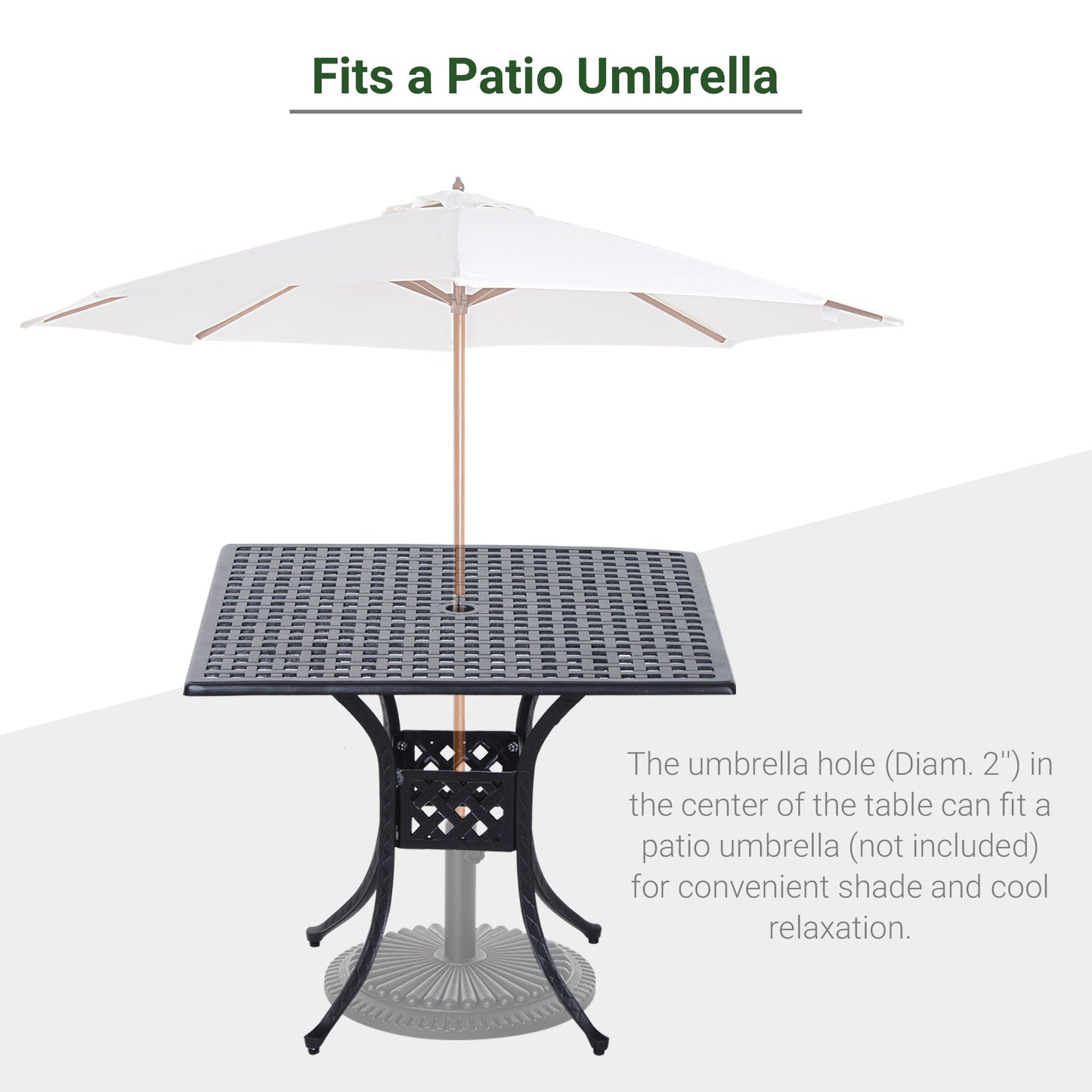 90cm Square Garden Table with Umbrella Hole, Aluminium Grid Motif Outdoor Dining Table for Garden Patio, Black