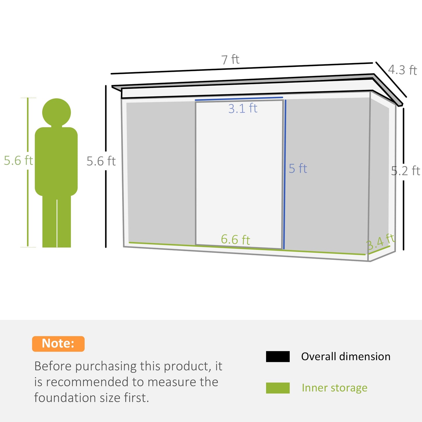 Outsunny 7 x 4ft Lean to Garden Shed with Foundation Kit, Double Door and Vents, Outdoor Metal Storage Shed for Equipment Tools, Green