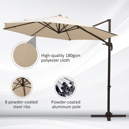 3 Metre Banana Parasol Hanging Cantilever Umbrella W/ Cross Base Hand Crank Aluminium Frame 360°Rotation Hand Crank-Beige