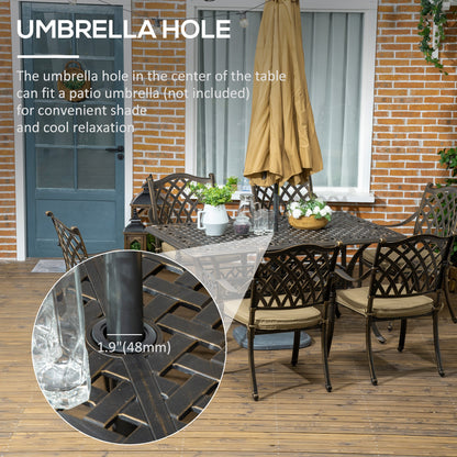 Zestaw mebli ogrodowych Outsunny 7 elementów z otworem na parasol, odlew aluminiowy z sześcioma krzesłami z poduszkami i prostokątnym stołem jadalnym, do ogrodu, na trawnik, taras, w odcieniu brązu