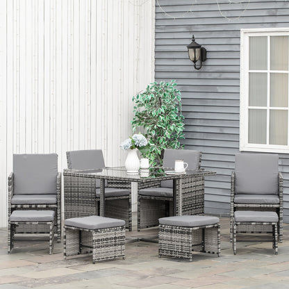 Outsunny 9 Piece Rattan Garden Furniture Outdoor Patio Dining Table Set Weave Wicker 8 Seater Stool Mixed Grey