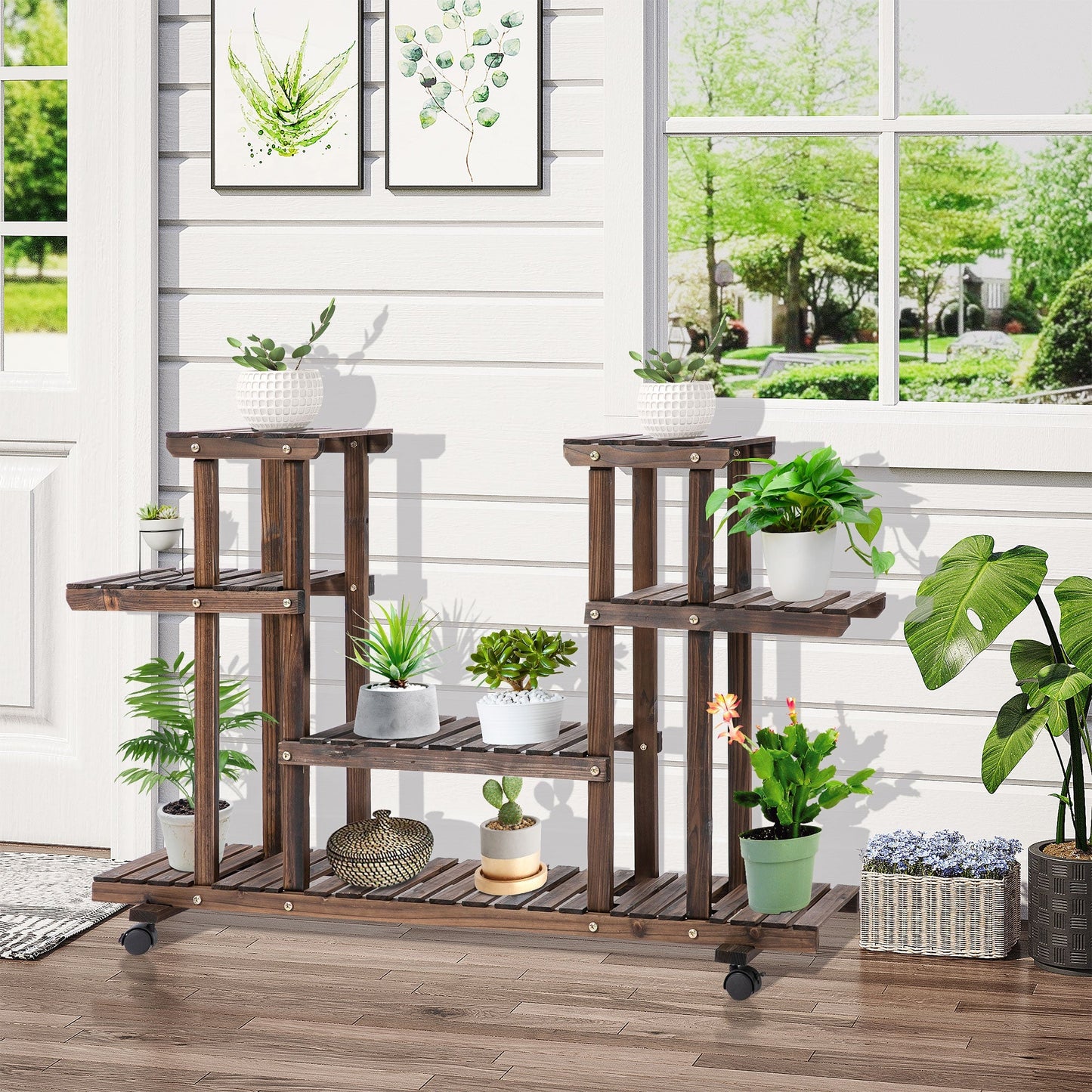 Outsunny 4-Tier Floor-standing Flower Rack Wood Plant Stand For Indoor & Outdoor Garden Balcony w/ Wheels & Handle 123.5L x 33W x 80H cm, 8 Pots