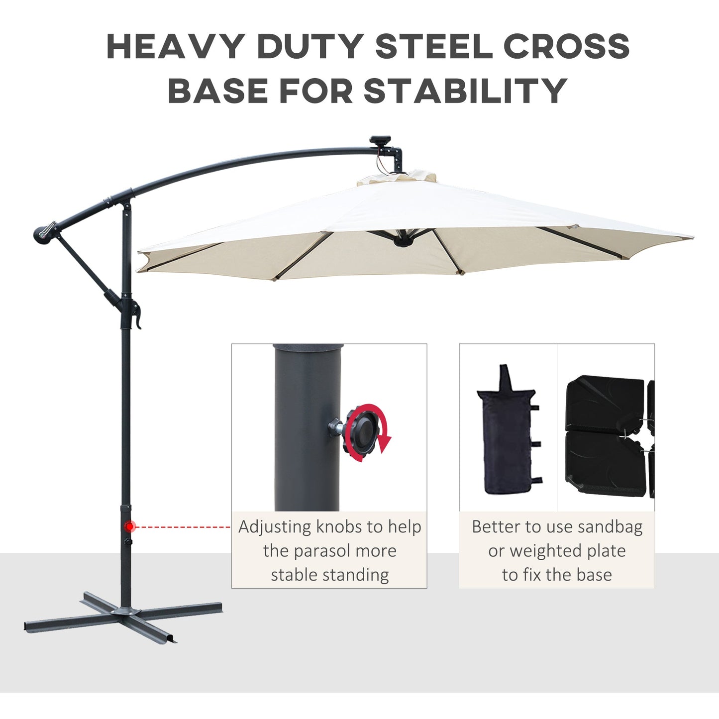Parasol Outsunny z paskami LED zasilanymi energią słoneczną, 2,95 x 2,45 H, m-kremowy