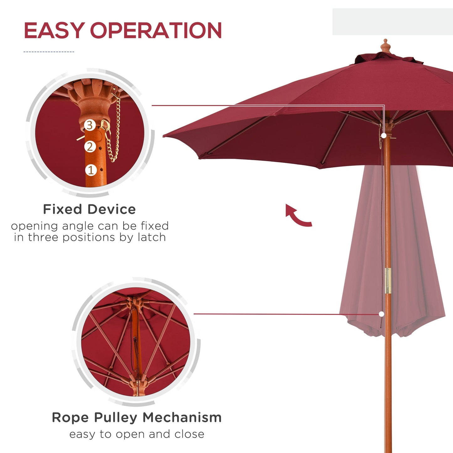 Outsunny 2.5m Wood Garden Parasol Sun Shade Patio Outdoor Market Umbrella Canopy with Top Vent, Wine Red