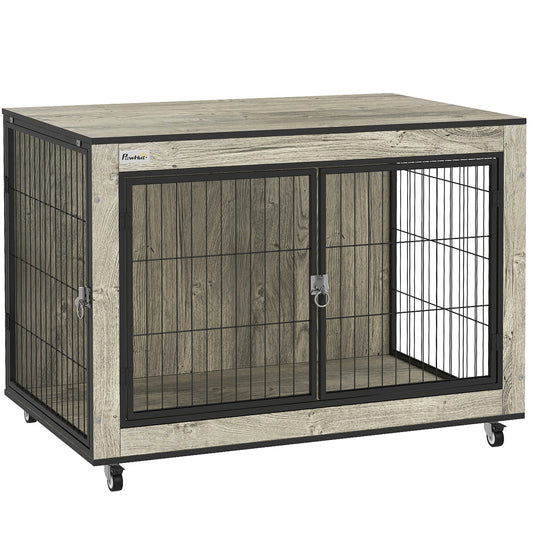 PawHut Dog Crate Furniture z kółkami, podwójne drzwi, dla średnich psów, 80 x 56 x 62,5 cm, szary