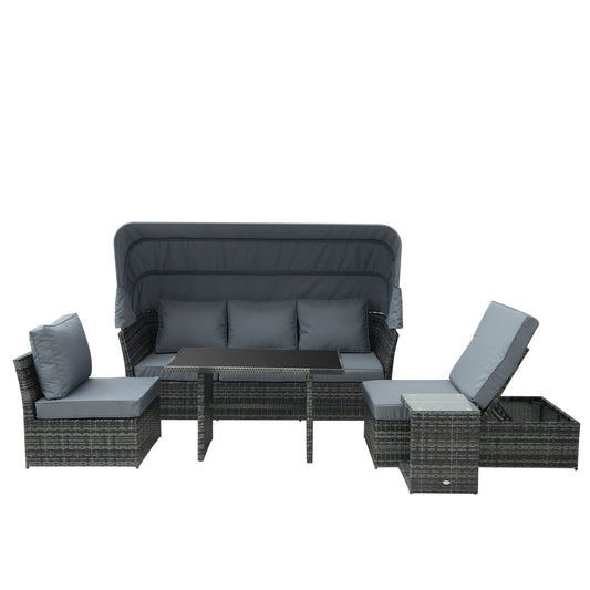 Outsunny 5-częściowy zestaw ogrodowy z rattanu i wikliny, rozkładana sofa, regulowany baldachim i stolik boczny, zestaw stołowy, meble do rozmów narożnych z poduszkami, mieszany szary
