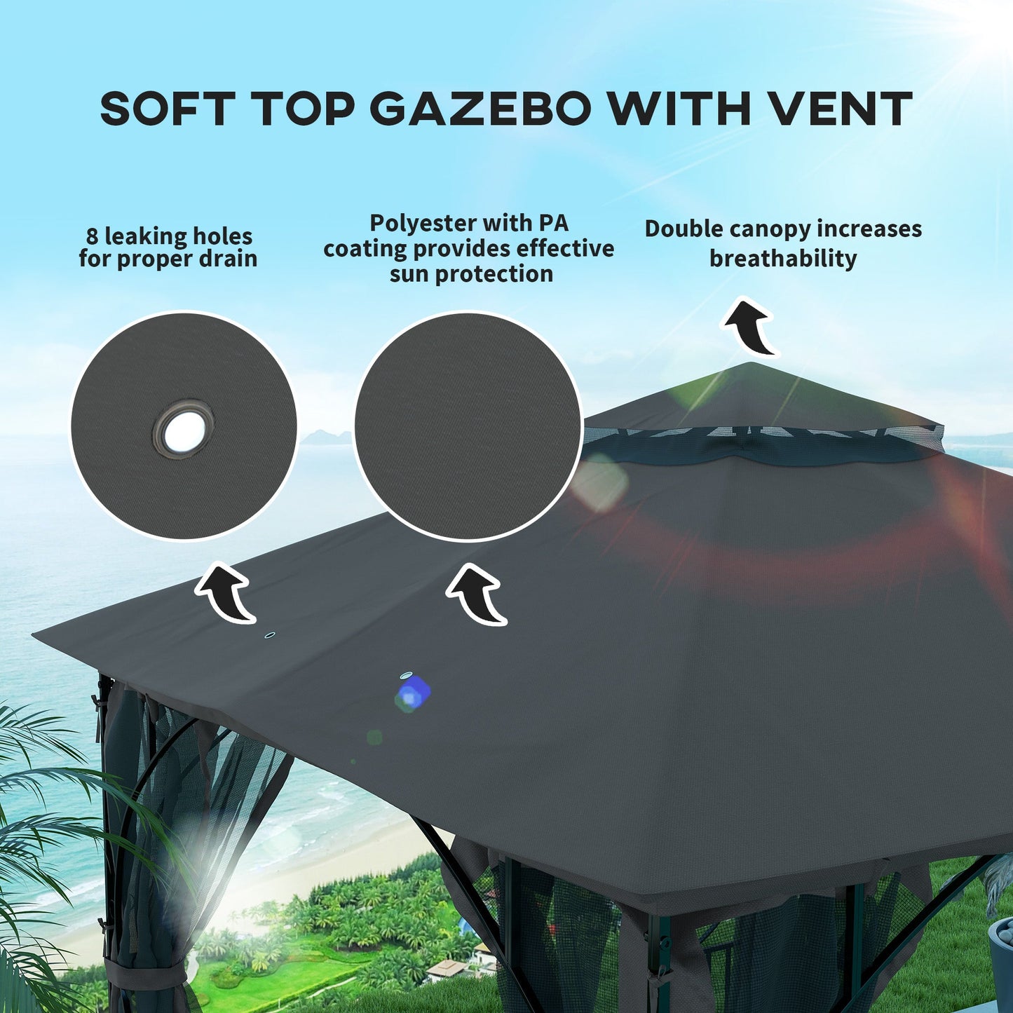 Outsunny 3 x 3(m) Altana ogrodowa, namiot imprezowy, zadaszenie zewnętrzne, dwupoziomowy, z metalową ramą i siatką, ciemnoszary