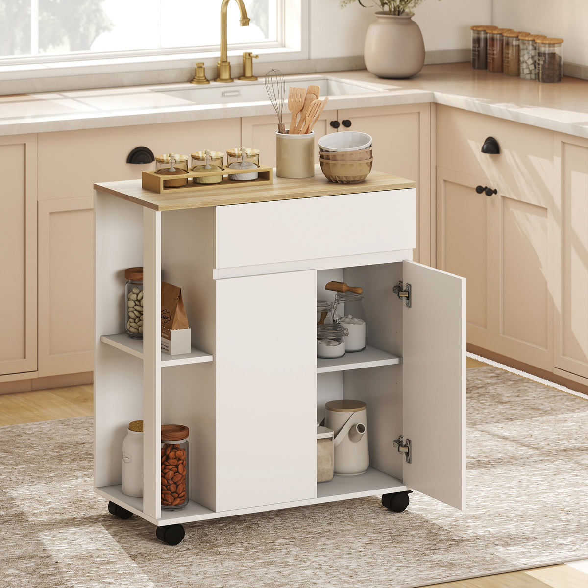 HOMCOM Kitchen Storage Trolley Cart with Cabinet, Drawer and Open Shelves, White
