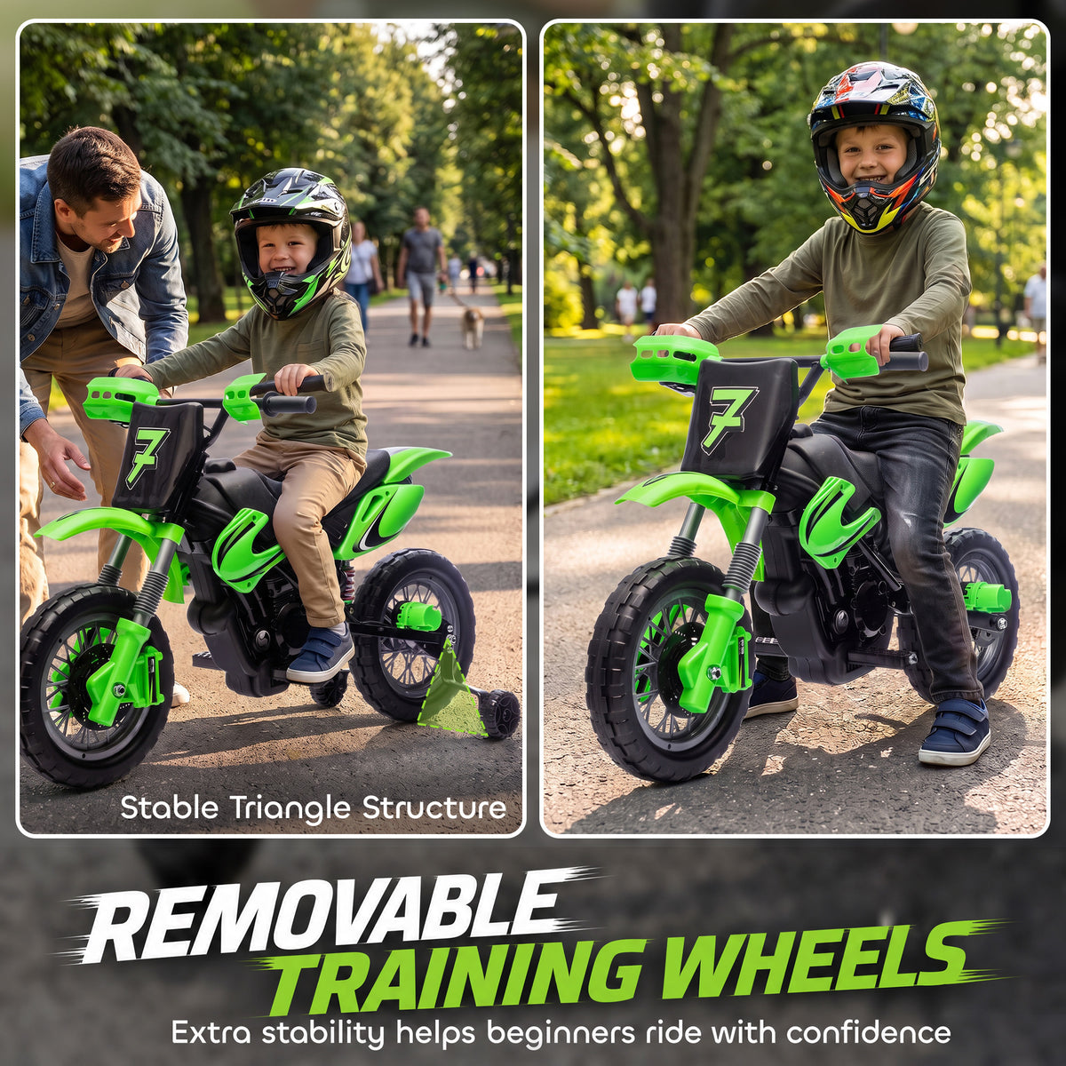 AIYAPLAY 12V Kids Electric Motorbike, Ride on Motorcycle with Dual Motors, Training Wheels, Rear Suspension for 3-6 Years, Green