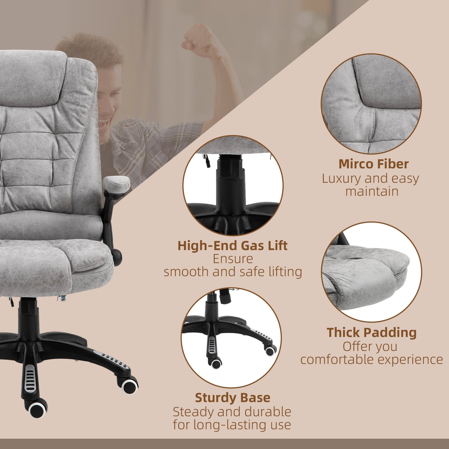 Vinsetto Massage Recliner Chair Heated Office Chair with Six Massage Points Microfiber Cloth 360¡ Swivel Wheels Grey