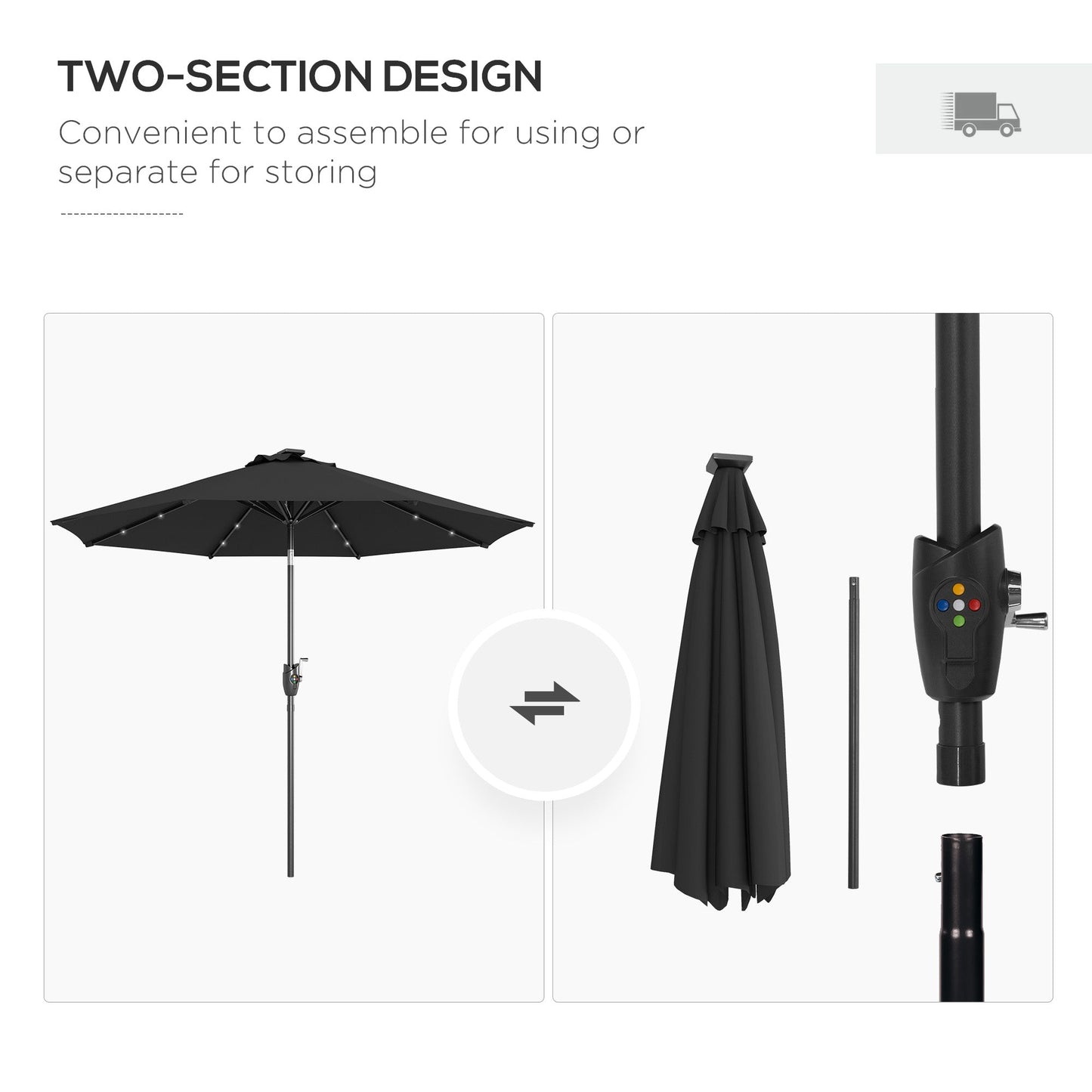 Outsunny Φ2.7m Garden Parasol Solar Outdoor Tilt Sun Umbrella Patio Sun Shade w/ 24 LED Light, Hand Crank and 8 Ribs, Black