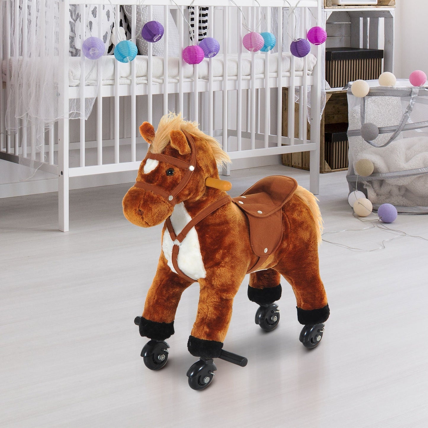 Rocking Horse Plush Kids Ride on Gift Wooden Action Pony Wheeled Walking Riding Little Baby Toy With Sound-Brown