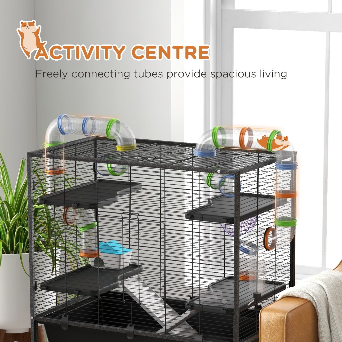 PawHut Large Hamster Cage Gerbil Cage with Tubes, Storage Shelf, Ramps, Platforms, Running Wheel - Black