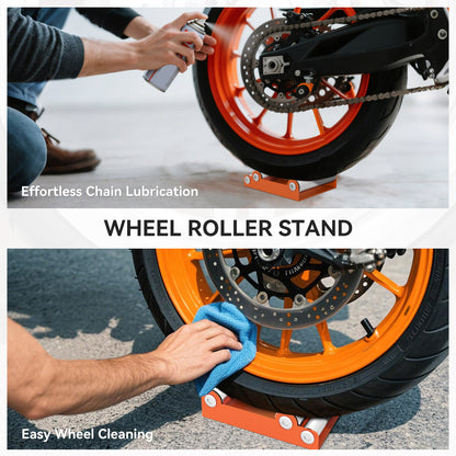 Stojak rolkowy do czyszczenia kół motocyklowych HOMCOM ze stalową ramą, rolki aluminiowe, stojak do konserwacji motocykli do czyszczenia opon i smarowania łańcucha, pasuje do szerokości opony &lt; 180 mm, rowery &lt; 485 funtów, pomarańczowy