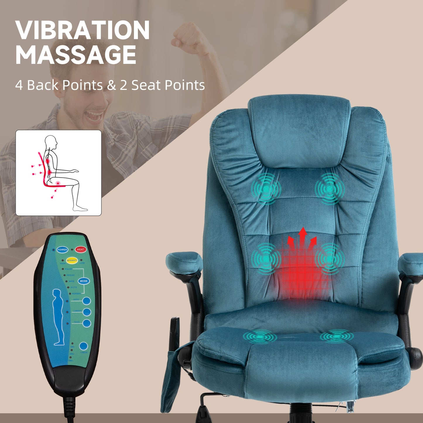 Vinsetto Massage Recliner Chair Heated Office Chair with Six Massage Points Velvet-Feel Fabric 360¡ Swivel Wheels Blue